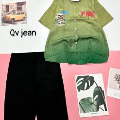 Đồ bộ quần ngố đen áo sơ mi tay ngắn cổ bẻ in hình gấu - DBO4454