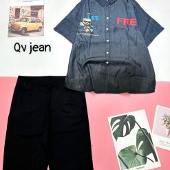 Đồ bộ quần ngố đen áo sơ mi tay ngắn cổ bẻ in hình gấu - DBO4454