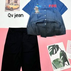 Đồ bộ quần ngố đen áo sơ mi tay ngắn cổ bẻ in hình gấu - DBO4454