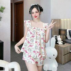 Đồ bộ mặc nhà quần đùi latin áo hai dây bèo in hình dể thương - DBO4460