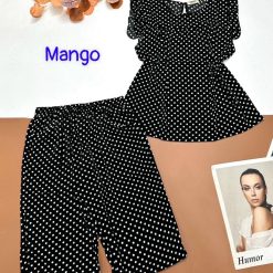 Đồ bộ mango chấm bi quần lửng áo sát nách viền bèo - DBO4462