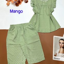 Đồ bộ mango chấm bi quần lửng áo sát nách viền bèo - DBO4462