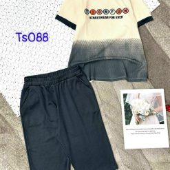 Đồ bộ thun cotton quần lửng áo tay ngắn hai màu in chữ - DBO4469