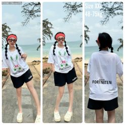 Đồ bộ thun cotton quần đùi áo tay ngắn in thỏ form rộng 48-75kg - DBO4470