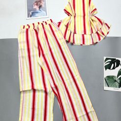 Đồ bộ sọc vải đũi quần dài sát nách có tầng - DBO4474