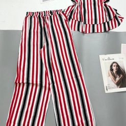 Đồ bộ sọc vải đũi quần dài sát nách có tầng - DBO4474