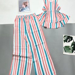 Đồ bộ sọc vải đũi quần dài sát nách có tầng - DBO4474