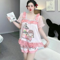 Đồ bộ quần đùi latin áo cổ vuông viền ren in hình dể thương - DBO4478