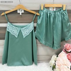 Đồ bộ mango siêu mát quần đùi trơn áo hai dây cổ ren - DBO4488