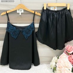 Đồ bộ mango siêu mát quần đùi trơn áo hai dây cổ ren - DBO4488