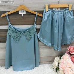 Đồ bộ mango siêu mát quần đùi trơn áo hai dây cổ ren - DBO4488