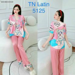 đồ bộ latin quần dài áo V cổ viền nơ in nhiều hình - DBO4491