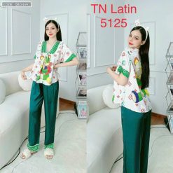 đồ bộ latin quần dài áo V cổ viền nơ in nhiều hình - DBO4491