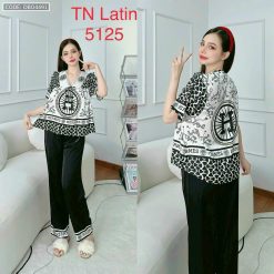 đồ bộ latin quần dài áo V cổ viền nơ in nhiều hình - DBO4491