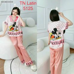 đồ bộ latin quần dài áo V cổ viền nơ in nhiều hình - DBO4491