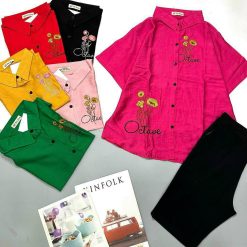 Đồ bộ quần ngố đen áo sơ mi tay ngắn cổ bẻ in hình hoa octave - DBO4492