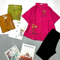 Đồ bộ quần ngố đen áo sơ mi tay ngắn cổ bẻ in hình hoa octave - DBO4492