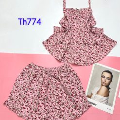 Đồ bộ quần đùi vải tonl áo hai tầng hình hoa - DBO4496