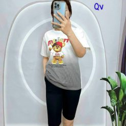 đồ bộ quần lỡ đen áo tay ngắn 2 màu loang in hình gấu - DBO4499