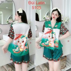 Đồ bộ latin quần đùi áo tay ngắn cô V viền bèo thắt nơ in hình dẽ thương - DBO4504