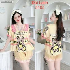 Đồ bộ latin quần đùi áo tay ngắn cô V viền bèo thắt nơ in hình dẽ thương - DBO4504