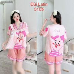 Đồ bộ latin quần đùi áo tay ngắn cô V viền bèo thắt nơ in hình dẽ thương - DBO4504