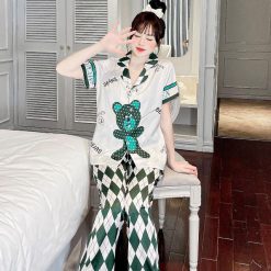 đồ bộ latin quần dài áo dài cô gấp in nhiều hình chữ to - DBO4505