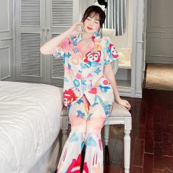 đồ bộ latin quần dài áo dài cô gấp in nhiều hình chữ to - DBO4505