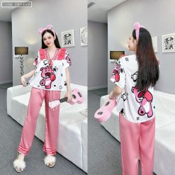 đồ bộ quần dài áo tay dài in hình dễ thương cổ nơ thăt nhỏ - DBO4508