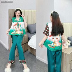 đồ bộ quần dài áo tay dài in hình dễ thương cổ nơ thăt nhỏ - DBO4508