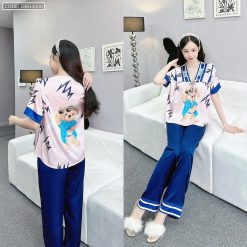 đồ bộ quần dài áo tay dài in hình dễ thương cổ nơ thăt nhỏ - DBO4508