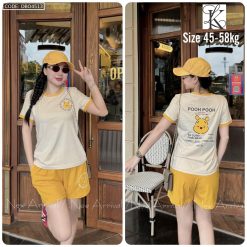 Đồ bộ quần đùi màu của viền áo tay ngắn in chữ pooh pooh gấu - DBO4513