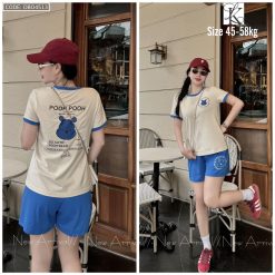 Đồ bộ quần đùi màu của viền áo tay ngắn in chữ pooh pooh gấu - DBO4513