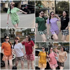 Đồ bộ thun cotton quần đùi kẻ ca rô áo tay ngắn in chữ The Alales - DBO4521