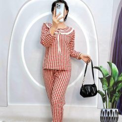 Đồ bộ caro mango quần dài áo tay dài bẻ có nơ - DBO4525