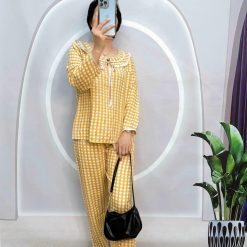 Đồ bộ caro mango quần dài áo tay dài bẻ có nơ - DBO4525