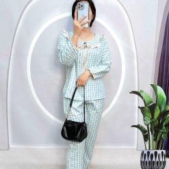 Đồ bộ caro mango quần dài áo tay dài bẻ có nơ - DBO4525