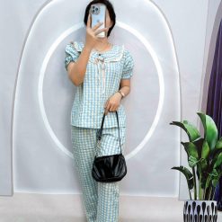 Đồ bộ caro mango quần dài áo tay ngắn cổ có nơ thắt - DBO4526