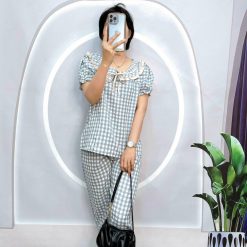 Đồ bộ caro mango quần dài áo tay ngắn cổ có nơ thắt - DBO4526