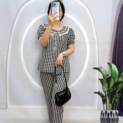 Đồ bộ caro mango quần dài áo tay ngắn cổ có nơ thắt - DBO4526