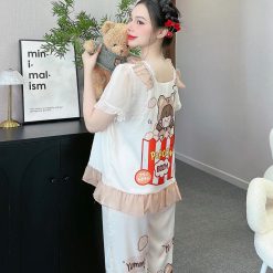 Đồ bộ quần dài áo tay ngắn cổ vuông bèo tay xếp in nhiều hình dễ thương - DBO4533