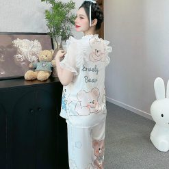 Đồ bộ quần dài áo tay ngắn bèo cổ voan ống quần voan in nhiều hình - DBO4534