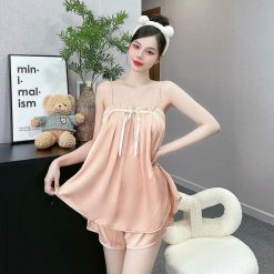 Đồ bộ trơn quần đùi latin áo hai dây xếp bèo nơ trước siêu mát - DBO4545