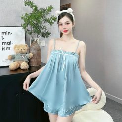 Đồ bộ trơn quần đùi latin áo hai dây xếp bèo nơ trước siêu mát - DBO4545