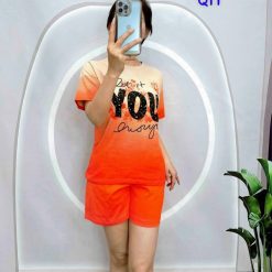 Đồ bộ thun nữ quần đùi áo tay ngắn loang hai màu in chữ YOU - DBO4546