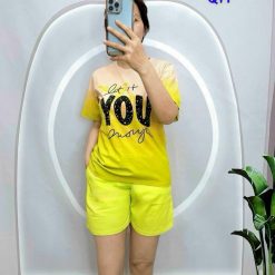 Đồ bộ thun nữ quần đùi áo tay ngắn loang hai màu in chữ YOU - DBO4546