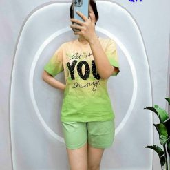 Đồ bộ thun nữ quần đùi áo tay ngắn loang hai màu in chữ YOU - DBO4546
