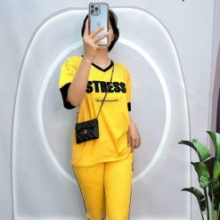 Đồ bộ quần lửng áo tay ngắn cổ v in chữ stress - DBO4554