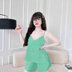 Đồ bộ quần đùi vải gấm áo hai dây siêu mát tim nhỏ - DBO4563