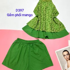 Đồ bộ gấm phối mango quần đùi trơn áo yếm 2 dây cột sau 2 lớp - DBO4566